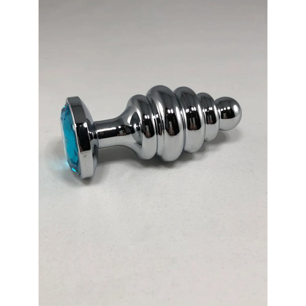 Large stainless steel anal plug with a blue gem accent.