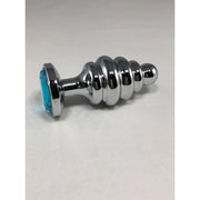 Large stainless steel anal plug with a blue gem accent.
