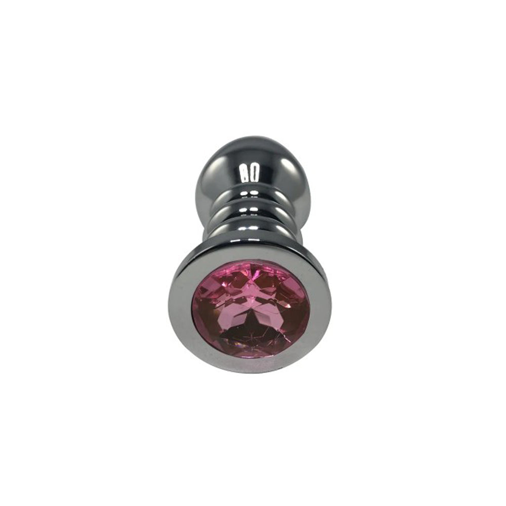 Large stainless steel anal plug with a faceted pink gem.