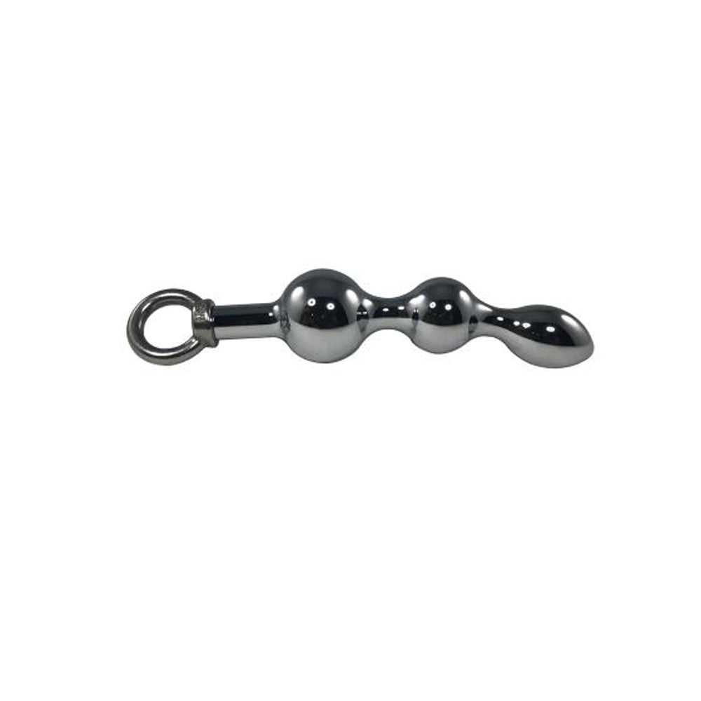 Stainless steel prostate plug with a ring and three beads.