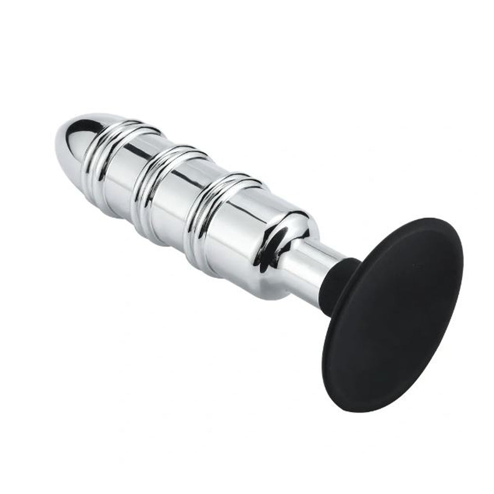 Chrome anal plug with a black suction cup base.