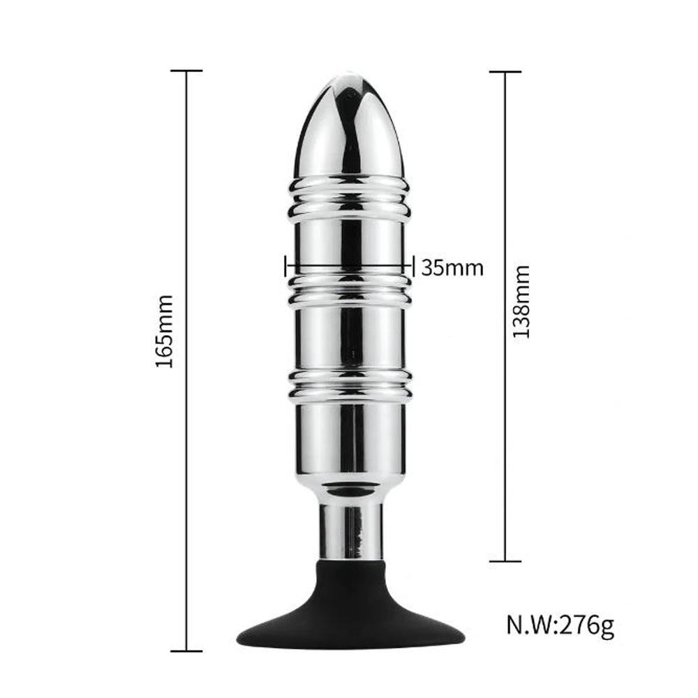 Stainless steel anal plug with suction cup, 165mm length, 35mm width, 276g weight.
