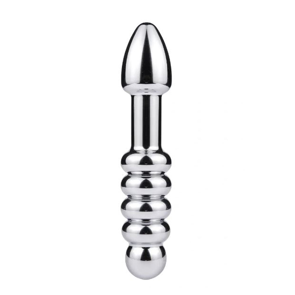 A silver double-ended weighted toy with a bullet-shaped tip and beaded handle.