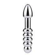 A silver double-ended weighted toy with a bullet-shaped tip and beaded handle.