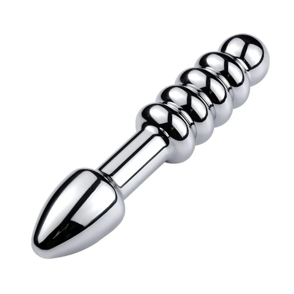 A silver double-ended weighted toy with a tapered end and beaded shaft.