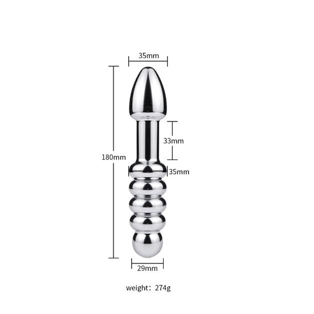 Stainless steel double-ended bullet toy with dimensions and weight indicated.
