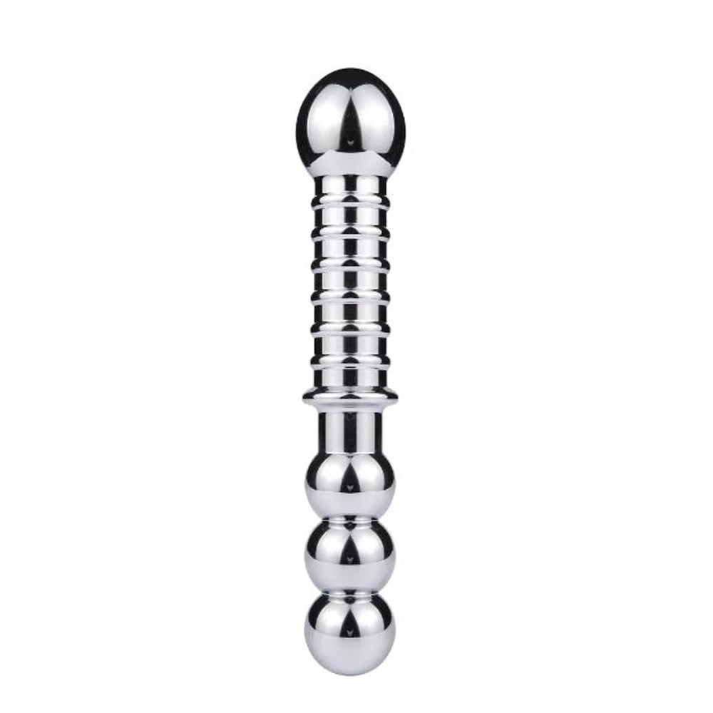 Double-ended stainless steel driver with a ribbed shaft and three rounded ends.