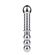 Double-ended stainless steel driver with a ribbed shaft and three rounded ends.