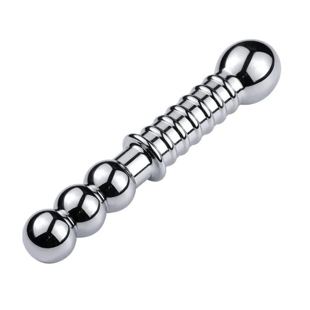 Double-ended stainless steel driver with a beaded end and a ribbed end.