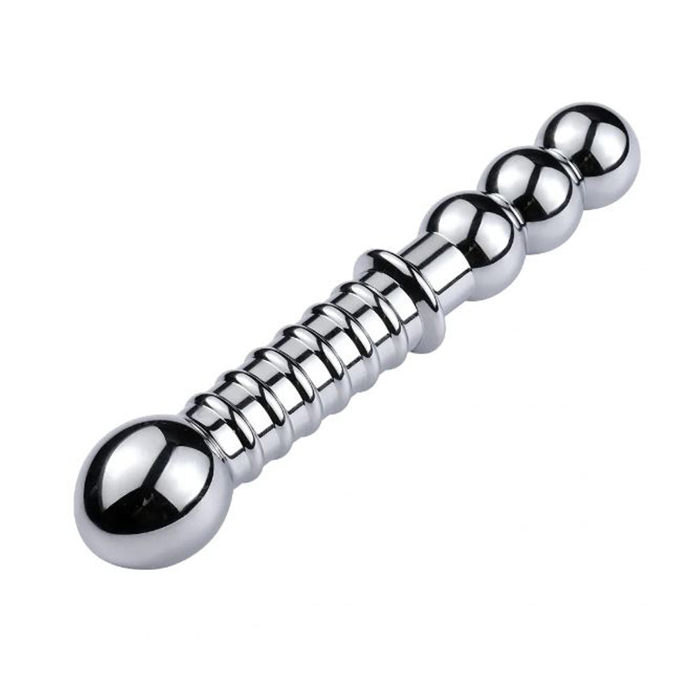 Double-ended stainless steel driver with a ribbed shaft and beaded ends.