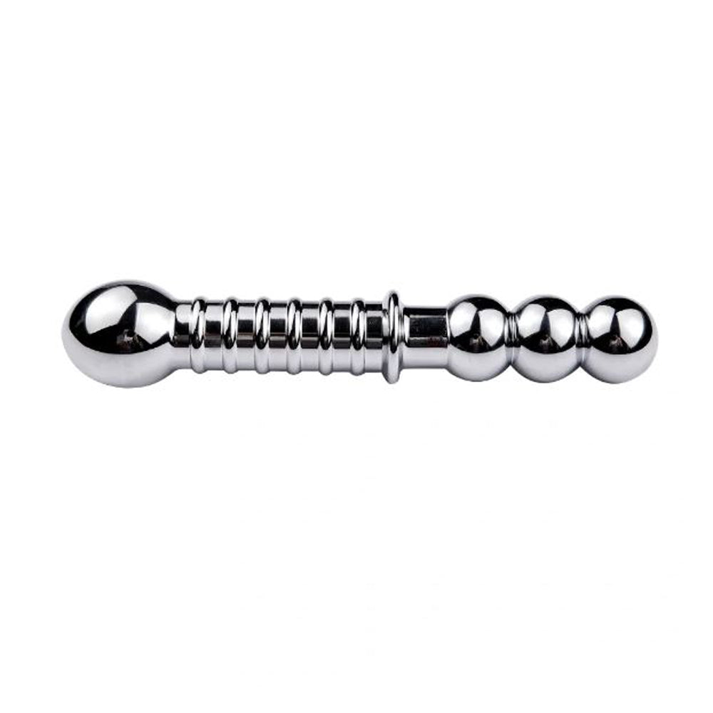 Double-ended stainless steel driver with a beaded end and a ribbed shaft.