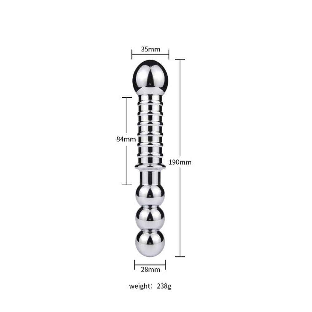 Stainless steel double-ended driver with ribbed and beaded sections.
