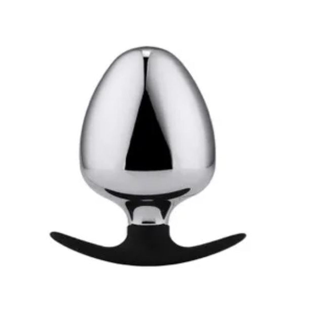 Stainless steel XL round anal plug with a black silicone handle.