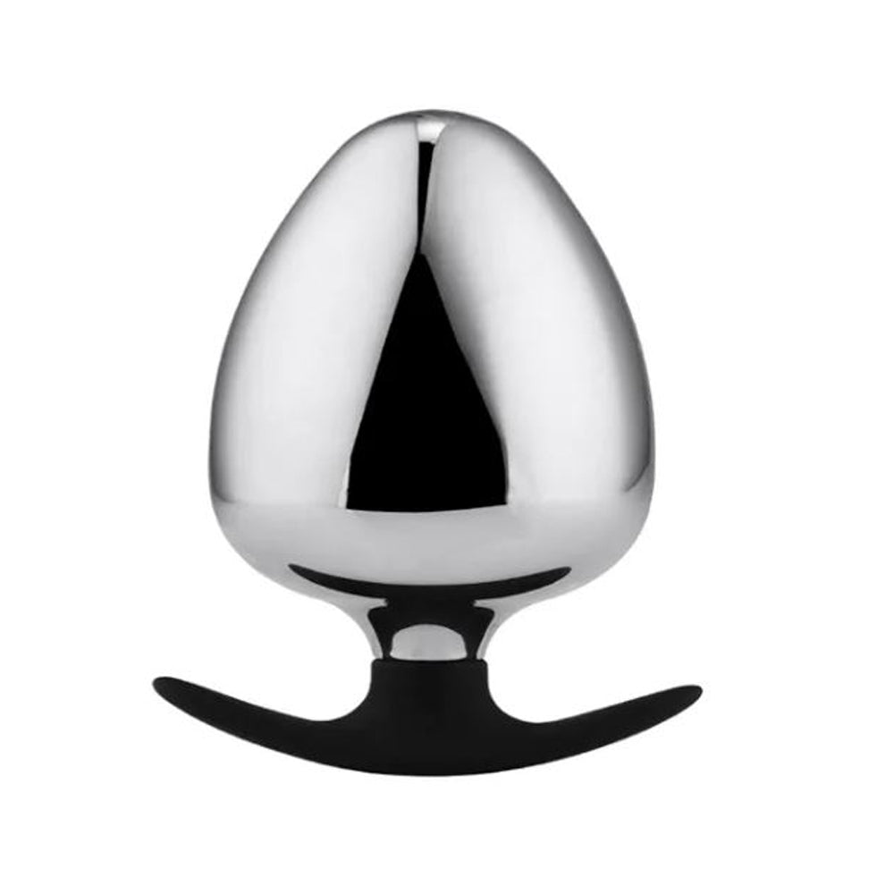 Stainless steel anal anchor plug with a black silicone handle.