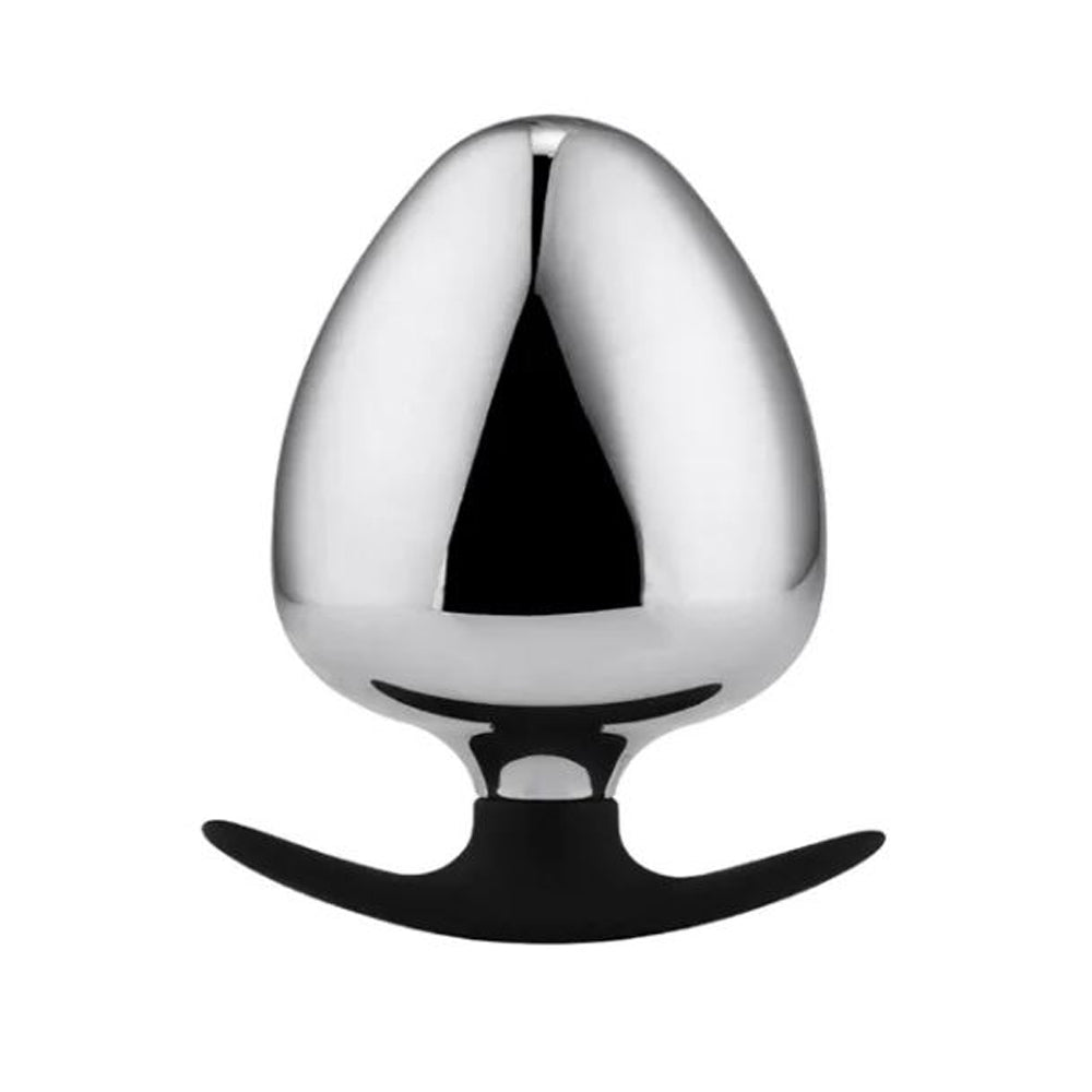 A shiny, egg-shaped stainless steel plug with a black silicone handle.