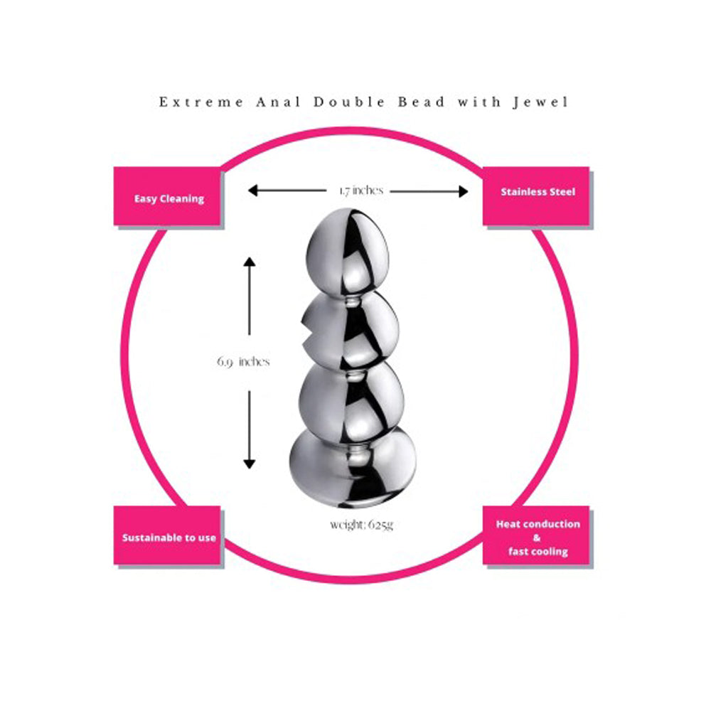 Triple bead stainless steel anal plug with onyx jewel.