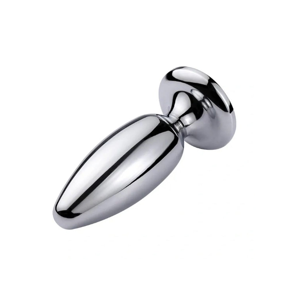 A large, polished stainless steel anal plug with a flat base.