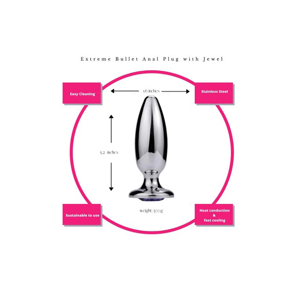 Large stainless steel anal plug with onyx jewel, 5.2 inches long.