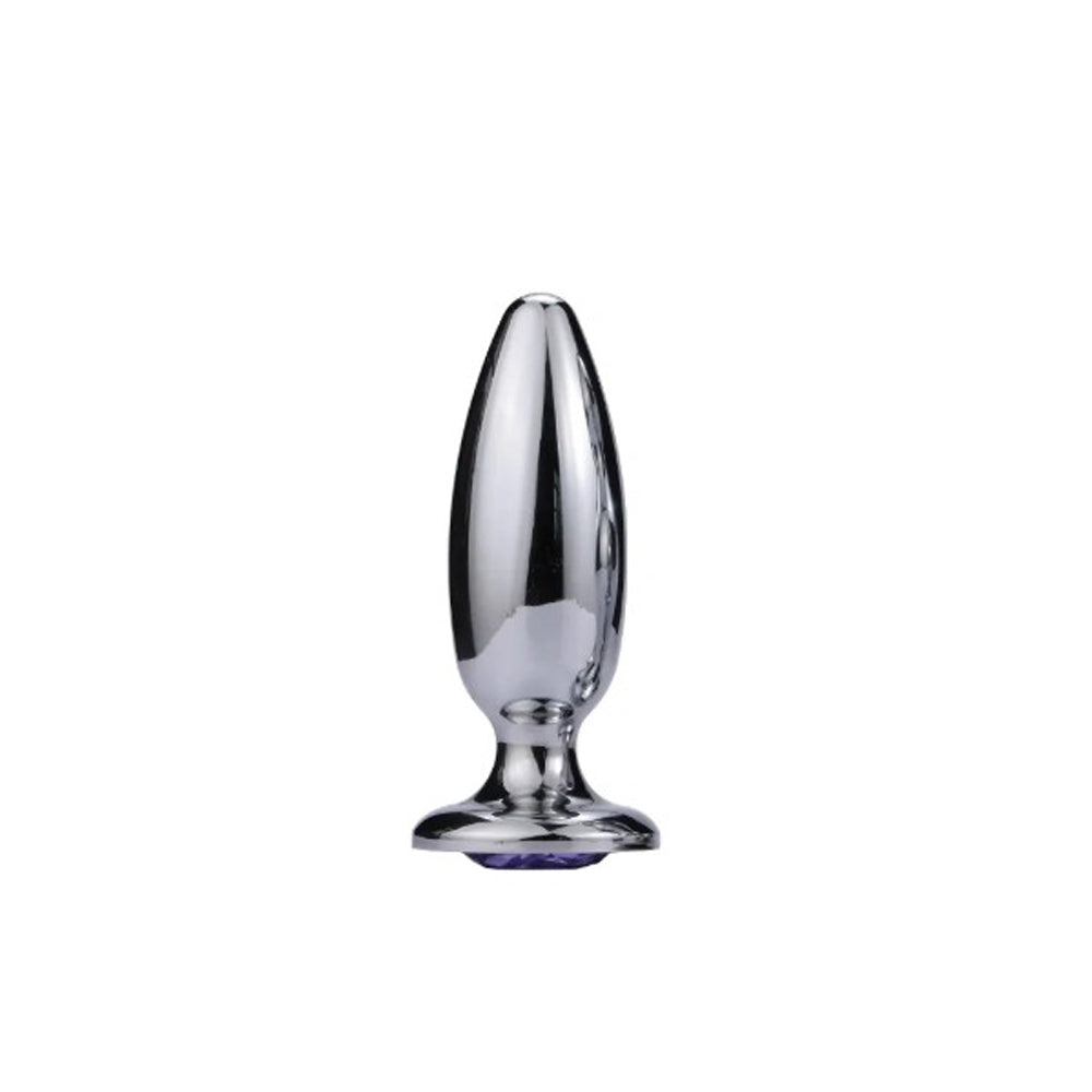 Large stainless steel anal plug with a purple jewel.