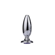 Large stainless steel anal plug with a purple jewel.