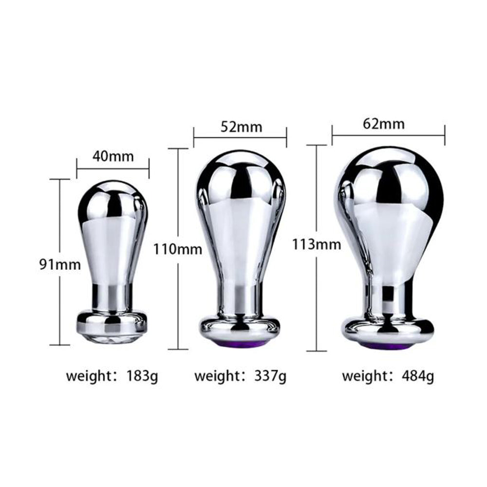Three polished stainless steel anal plugs of increasing size with measurements.