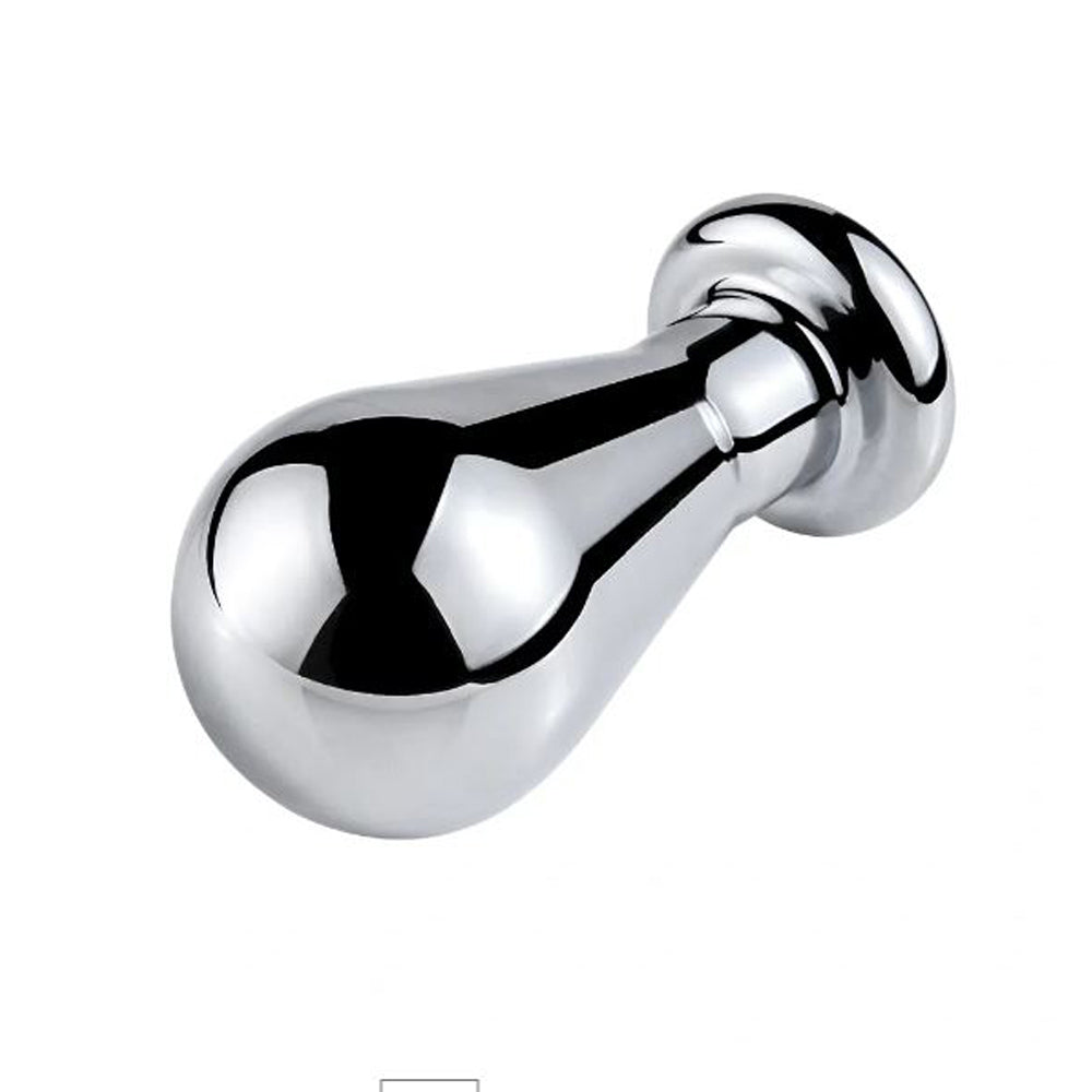 Polished stainless steel anal plug with a bulbous end and a round base.