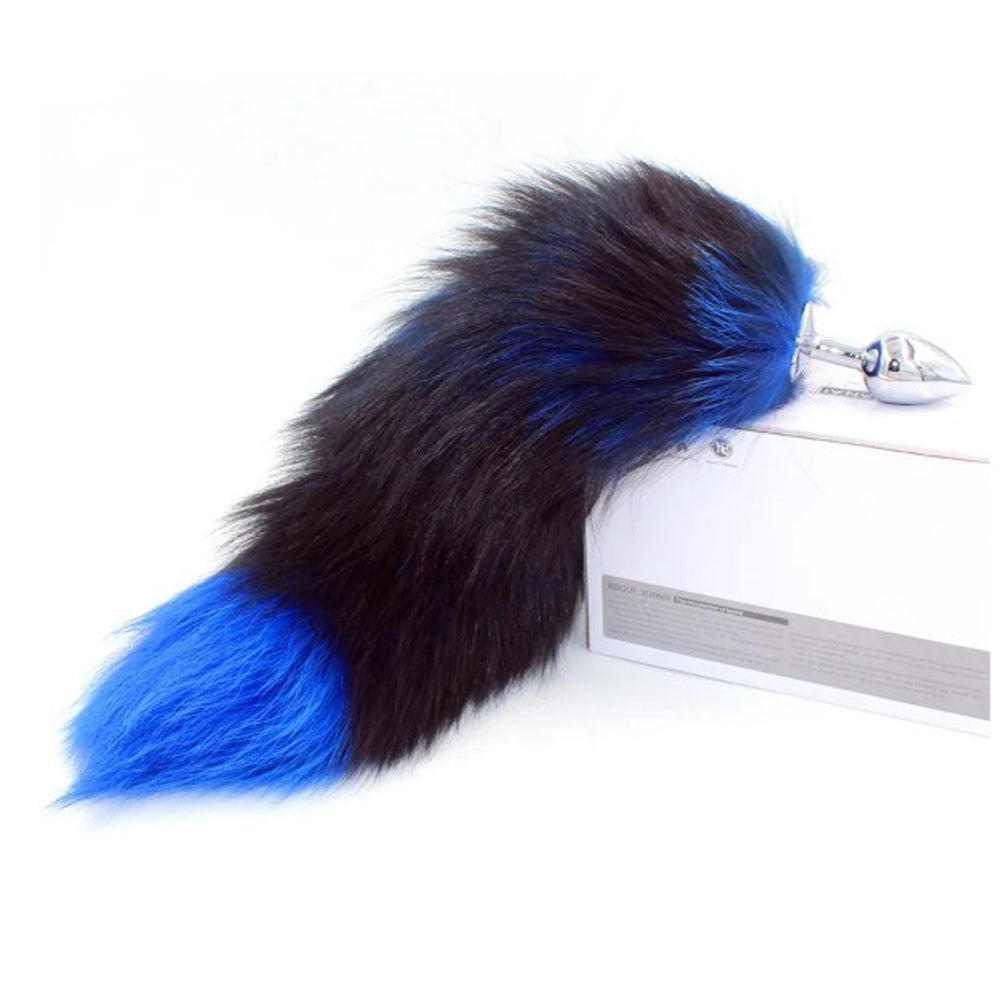 A blue and black fox tail anal plug with a stainless steel insert.