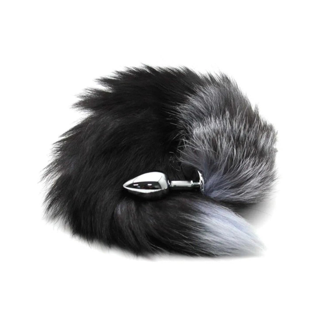 Large grey lilac fox tail anal plug with a stainless steel insert.
