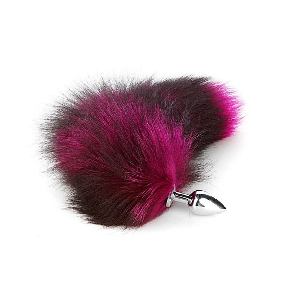 Large anal plug with a pink and black fox tail and stainless steel base.