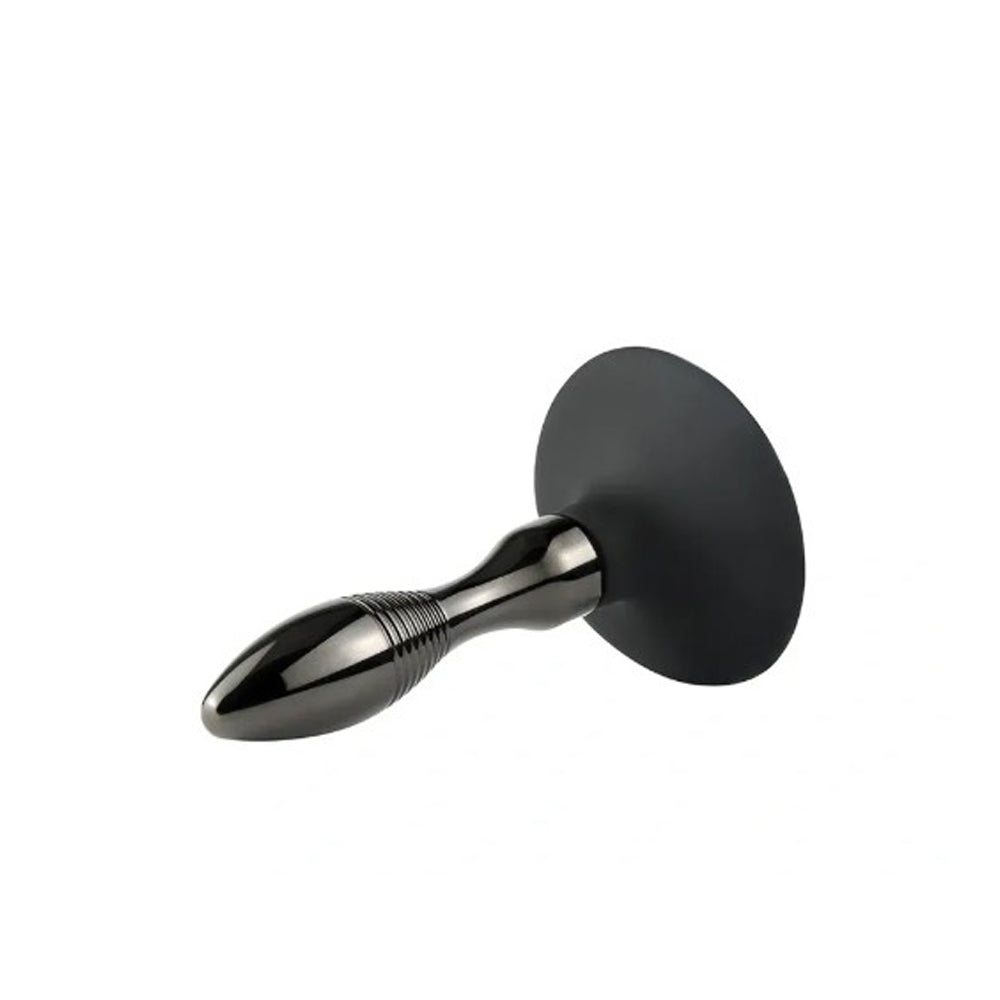 A gunmetal tapered anal plug with a black disc base.
