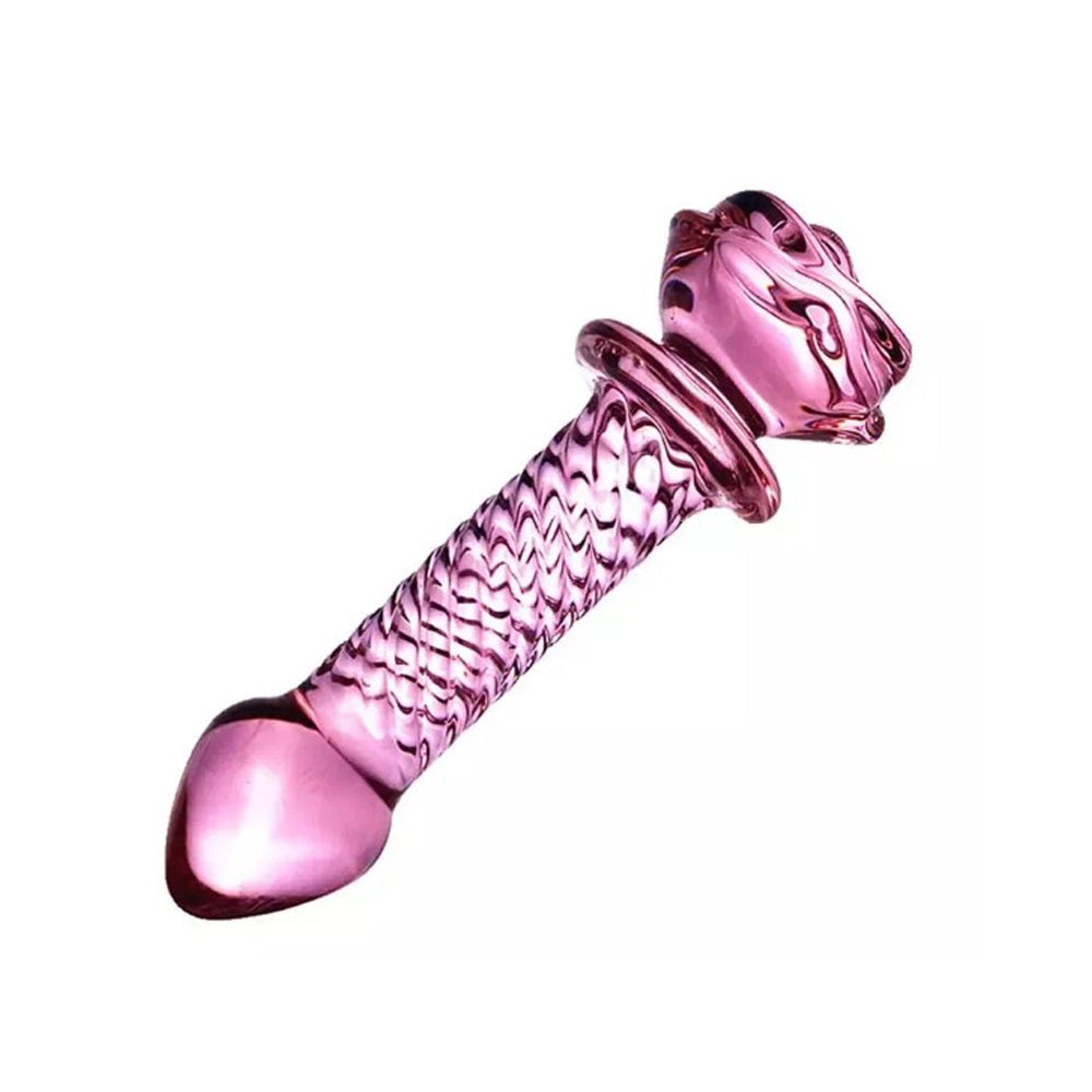 Pink glass dildo with threaded rose design and textured shaft.
