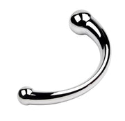 Curved stainless steel massager with a rounded tip.