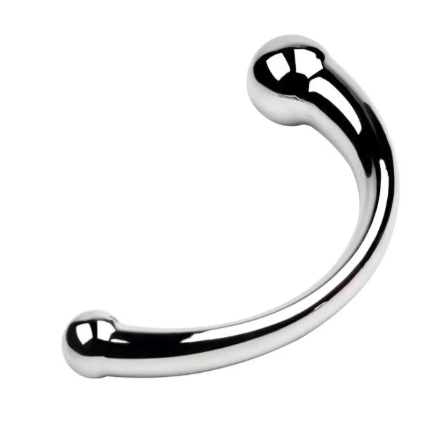 Curved stainless steel massager with a rounded tip.