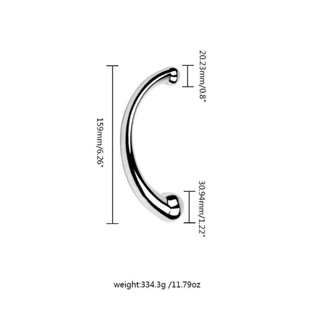 Curved stainless steel massager with dimensions and weight indicated.