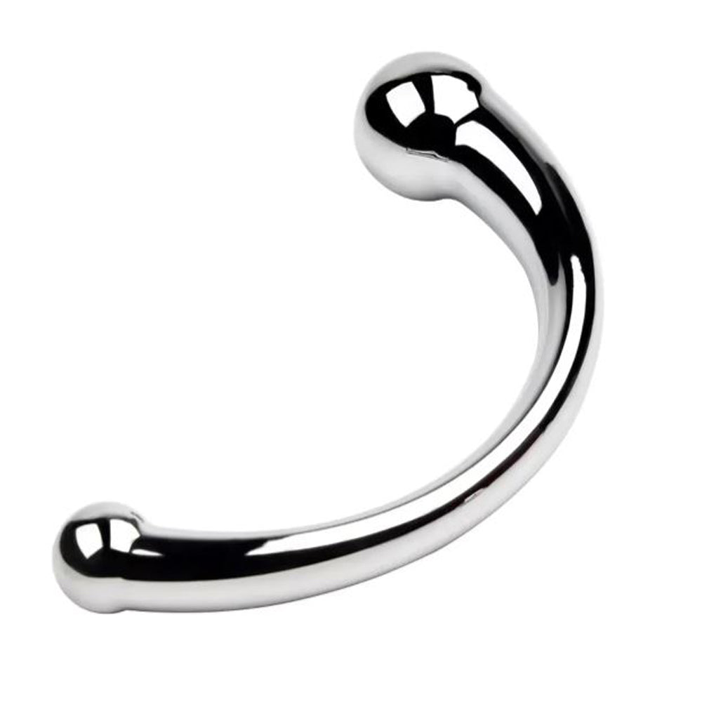 Curved, polished stainless steel massager with rounded ends.