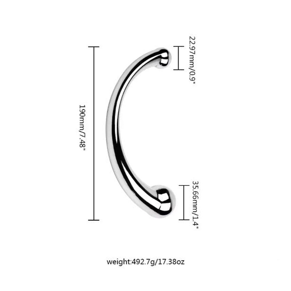Curved stainless steel massager with dimensions and weight indicated.