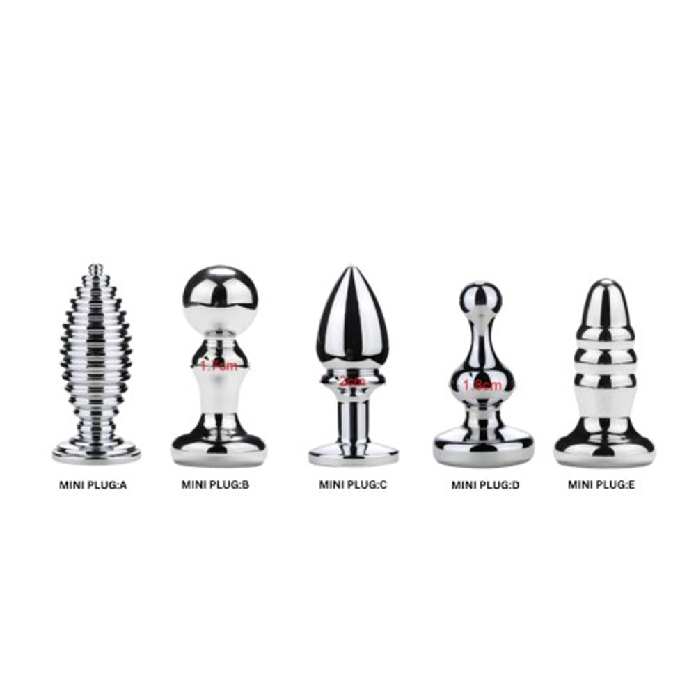 Five stainless steel mini anal plugs with gem accents.