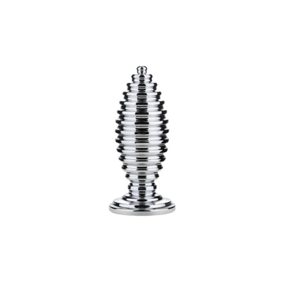 A silver, ribbed anal plug with a flared base.