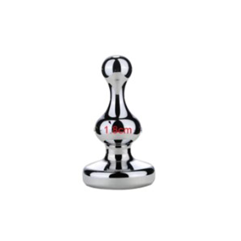 A shiny, silver-colored anal plug with a flared base and a rounded top, marked with "1.8cm".