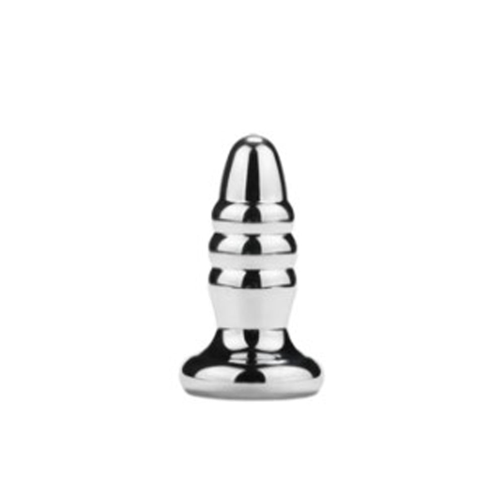 A silver-colored anal plug with ribbed detailing and a rounded tip.