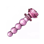 Pink glass dildo with rose-shaped head and beaded shaft.