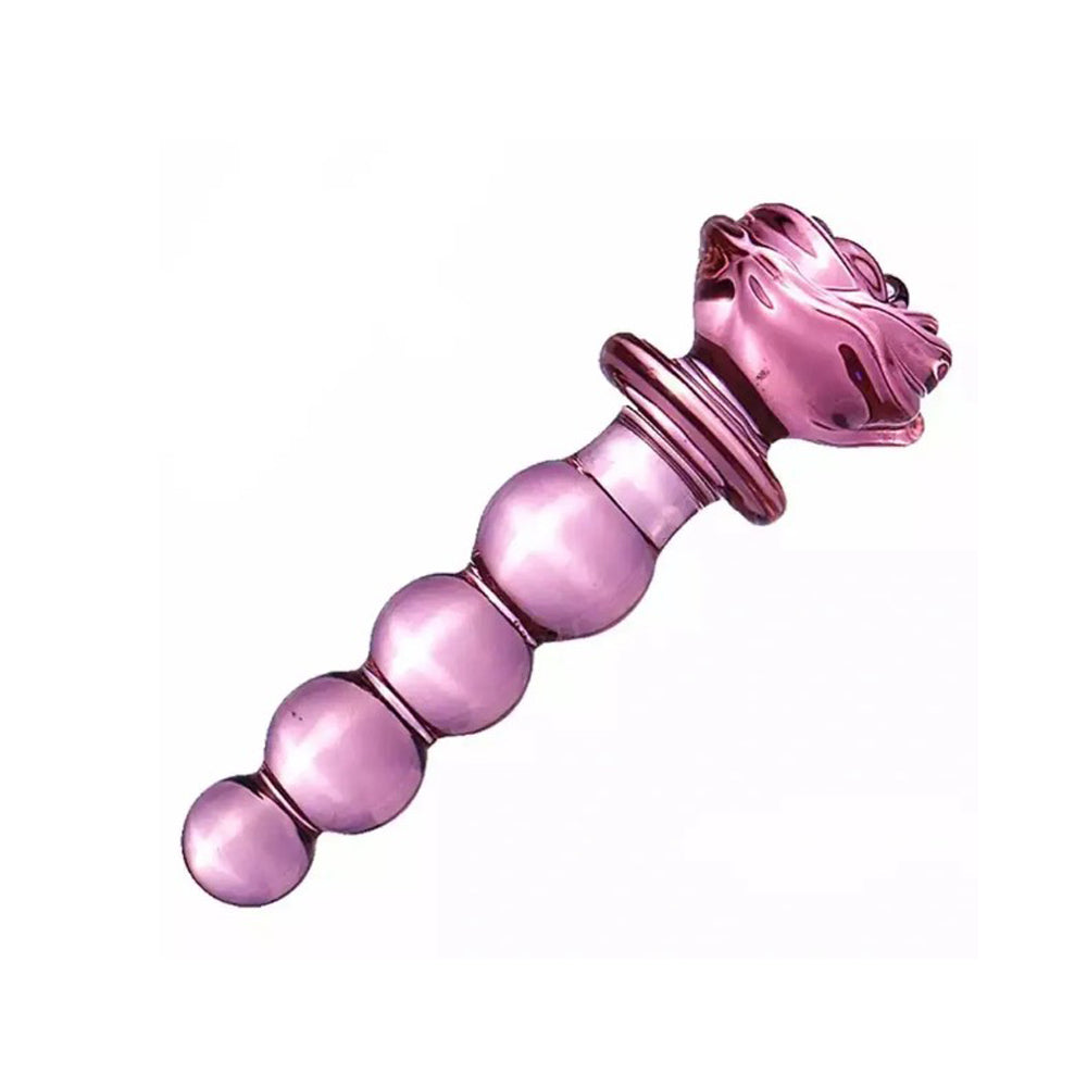 Pink glass dildo with rose-shaped head and beaded shaft.