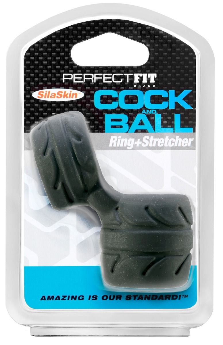 Black SilaSkin cock ring and ball stretcher by Perfect Fit.