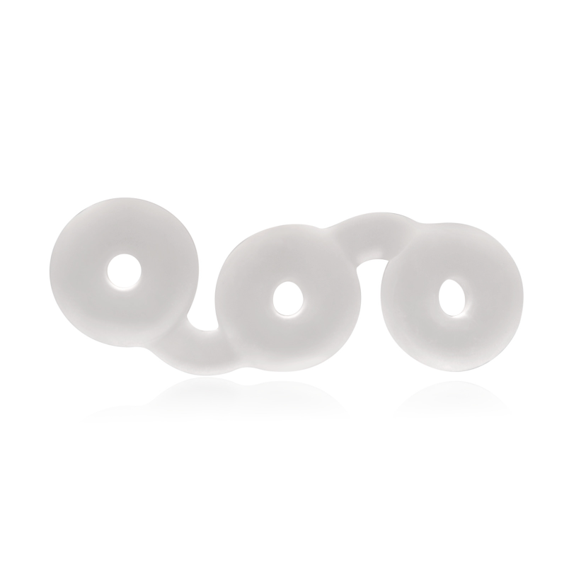 A white, triple donut-shaped cock ring made of soft silicone.