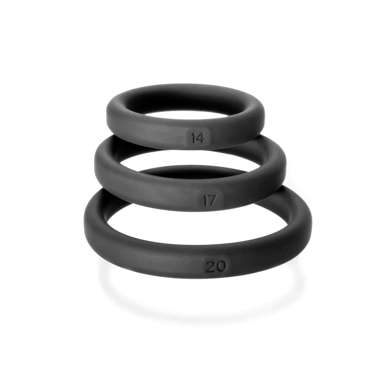Three black silicone cock rings stacked with numbers 14, 17, and 20.