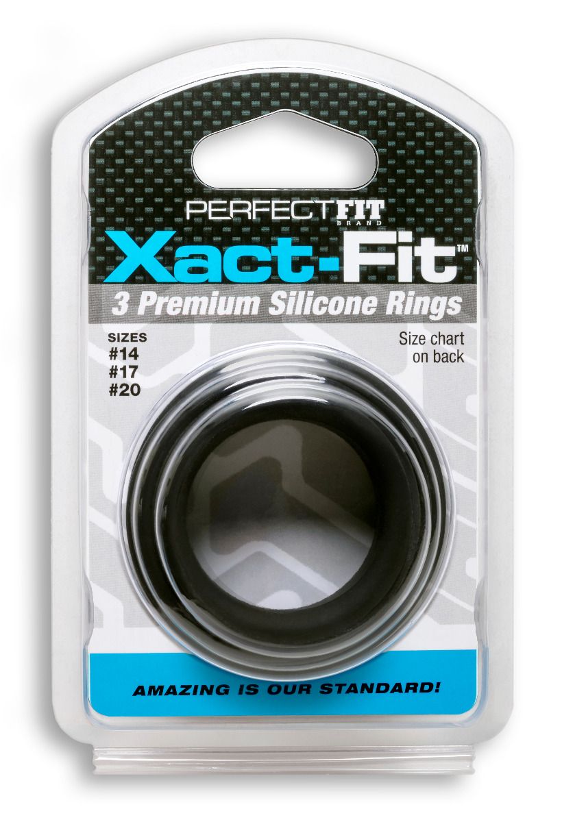 Perfect Fit Xact-Fit 3 premium silicone rings in sizes 14, 17, and 20.