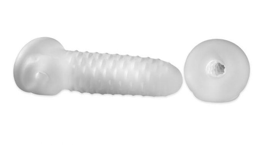 Clear SilaSkin textured penis sheath extender with a closed tip and ribbed shaft.