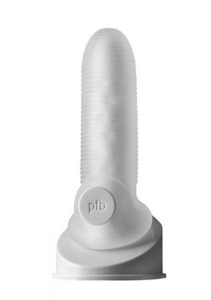A clear, ribbed condom with "pfb" logo.