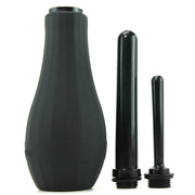 Black anal douche set with a bulb and two nozzles.