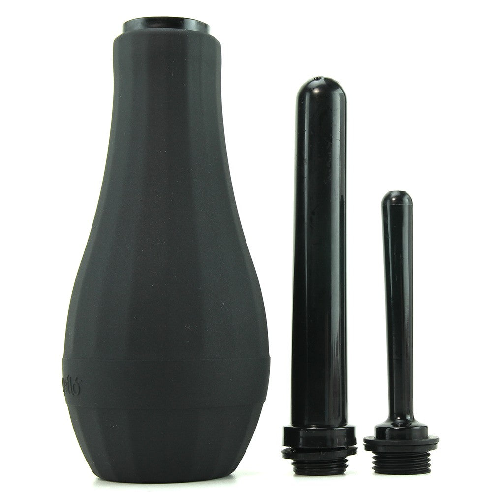 Black anal douche set with a bulb and two nozzles.